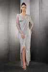 Buy_Rohit Gandhi + Rahul Khanna_Silver Poly Georgette Embellished Fringed Pre-draped Saree _at_Aza_Fashions