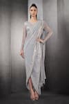 Buy_Rohit Gandhi + Rahul Khanna_Silver Poly Georgette Embellished Fringed Pre-draped Saree _Online_at_Aza_Fashions