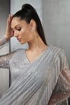 Shop_Rohit Gandhi + Rahul Khanna_Silver Poly Georgette Embellished Fringed Pre-draped Saree _Online_at_Aza_Fashions