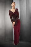 Buy_Rohit Gandhi + Rahul Khanna_Maroon Poly Georgette Embroidered Sequins Pre-draped Saree _at_Aza_Fashions