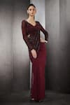 Shop_Rohit Gandhi + Rahul Khanna_Maroon Poly Georgette Embroidered Sequins Pre-draped Saree _at_Aza_Fashions