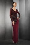 Rohit Gandhi + Rahul Khanna_Maroon Poly Georgette Embroidered Sequins Pre-draped Saree _Online_at_Aza_Fashions