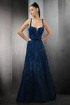 Buy_Rohit Gandhi + Rahul Khanna_Blue Shantoon Crystal Embellished Gown With Cape_Online_at_Aza_Fashions