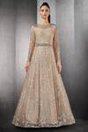 Buy_Rohit Gandhi + Rahul Khanna_Beige Tulle, Lining Tulle, Vis Crepe And Hard Net Floral Crystal Bloom Gown _at_Aza_Fashions