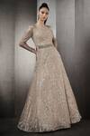 Rohit Gandhi + Rahul Khanna_Beige Tulle, Lining Tulle, Vis Crepe And Hard Net Floral Crystal Bloom Gown _Online_at_Aza_Fashions