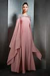 Rohit Gandhi + Rahul Khanna_Pink Georgette Embroidered Bead Work Round Cape Sleeve Long Gown _Online_at_Aza_Fashions