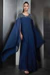 Rohit Gandhi + Rahul Khanna_Blue Georgette Embroidered Bead Work Round Cape Sleeve Long Gown _Online_at_Aza_Fashions