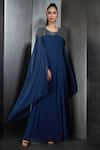 Buy_Rohit Gandhi + Rahul Khanna_Blue Georgette Embroidered Bead Work Round Cape Sleeve Long Gown _Online_at_Aza_Fashions