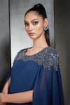 Rohit Gandhi + Rahul Khanna_Blue Georgette Embroidered Bead Work Round Cape Sleeve Long Gown _at_Aza_Fashions