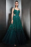 Rohit Gandhi + Rahul Khanna_Green Tulle Embellished Sequin And Crystals Scoop Neck Ombre Gown _Online_at_Aza_Fashions