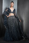 Buy_Rohit Gandhi + Rahul Khanna_Blue Net, Tulle Cutdana, Crystal Beads Plunge V Embroidered Lehenga And Blouse Set _Online_at_Aza_Fashions