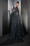Rohit Gandhi + Rahul Khanna_Blue Net, Tulle Cutdana, Crystal Beads Plunge V Embroidered Lehenga And Blouse Set _Online_at_Aza_Fashions