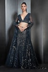 Buy_Rohit Gandhi + Rahul Khanna_Blue Net, Tulle Cutdana, Crystal Beads Plunge V Embroidered Lehenga And Blouse Set _at_Aza_Fashions