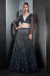 Shop_Rohit Gandhi + Rahul Khanna_Blue Net, Tulle Cutdana, Crystal Beads Plunge V Embroidered Lehenga And Blouse Set _at_Aza_Fashions