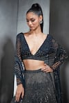 Shop_Rohit Gandhi + Rahul Khanna_Blue Net, Tulle Cutdana, Crystal Beads Plunge V Embroidered Lehenga And Blouse Set _Online_at_Aza_Fashions