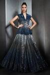Buy_Rohit Gandhi + Rahul Khanna_Blue Tulle Sequins Lapel Jacket And Ombre Lehenga Set _at_Aza_Fashions