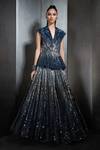 Shop_Rohit Gandhi + Rahul Khanna_Blue Tulle Sequins Lapel Jacket And Ombre Lehenga Set _at_Aza_Fashions