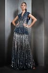 Rohit Gandhi + Rahul Khanna_Blue Tulle Sequins Lapel Jacket And Ombre Lehenga Set _Online_at_Aza_Fashions