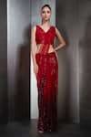 Rohit Gandhi + Rahul Khanna_Red Tulle Embroidered Sequins Ombre Pre-draped Saree _Online_at_Aza_Fashions
