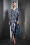 Buy_Rohit Gandhi + Rahul Khanna_Blue Poly Georgette Fringed V Neck Pre-draped Saree With Blouse _at_Aza_Fashions