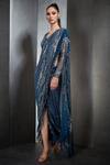 Rohit Gandhi + Rahul Khanna_Blue Poly Georgette Fringed V Neck Pre-draped Saree With Blouse _Online_at_Aza_Fashions