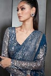 Buy_Rohit Gandhi + Rahul Khanna_Blue Poly Georgette Fringed V Neck Pre-draped Saree With Blouse _Online_at_Aza_Fashions