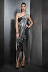 Buy_Rohit Gandhi + Rahul Khanna_Black Net Embroidered Sequins One Shoulder Saree Gown _at_Aza_Fashions