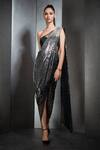 Rohit Gandhi + Rahul Khanna_Black Net Embroidered Sequins One Shoulder Saree Gown _Online_at_Aza_Fashions