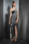 Buy_Rohit Gandhi + Rahul Khanna_Black Net Embroidered Sequins One Shoulder Saree Gown _Online_at_Aza_Fashions