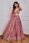 Buy_Jigar Mali_Pink Chanderi And Organza Lining Satin Embroidery Sequin Leaf Neck Lehenga Set _at_Aza_Fashions