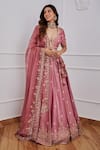 Jigar Mali_Pink Chanderi And Organza Lining Satin Embroidery Sequin Leaf Neck Lehenga Set _Online_at_Aza_Fashions