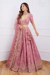 Buy_Jigar Mali_Pink Chanderi And Organza Lining Satin Embroidery Sequin Leaf Neck Lehenga Set _Online_at_Aza_Fashions