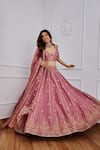 Shop_Jigar Mali_Pink Chanderi And Organza Lining Satin Embroidery Sequin Leaf Neck Lehenga Set _at_Aza_Fashions