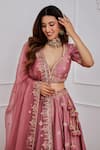 Shop_Jigar Mali_Pink Chanderi And Organza Lining Satin Embroidery Sequin Leaf Neck Lehenga Set _Online_at_Aza_Fashions