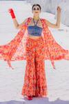 Buy_Etasha by Asha Jain_Orange Satin Printed Cape And Tiered Pant Set_at_Aza_Fashions