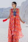 Etasha by Asha Jain_Orange Satin Printed Cape And Tiered Pant Set_Online_at_Aza_Fashions