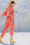 Shop_Etasha by Asha Jain_Orange Satin Organza Print And Embellishment Geometric Short Blazer With Joggers _at_Aza_Fashions