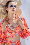 Shop_Etasha by Asha Jain_Orange Satin Organza Print And Embellishment Geometric Short Blazer With Joggers _Online_at_Aza_Fashions