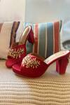 Shop_Tiesta_Red Embellished Suede Mule Block Heels_at_Aza_Fashions