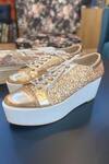 Shop_Tiesta_Gold Suede Begum Embroidered Sneaker Wedges_at_Aza_Fashions