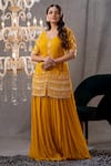 Buy_Tamaraa By Tahani_Yellow Silk Embroidery Sequin Leaf Neck Aisha Kurta Lehenga Set _Online_at_Aza_Fashions