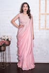 Buy_Vasavi Shah_Pink Slub Silk Embroidery Pipe Round Lehenga Saree With Crop Top  _at_Aza_Fashions