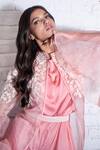 Shop Vasavi Shah Pink Satin Embroidery Floral Cowl Neck Jacket With Jumpsuit Online at Aza Fashions Shop_Vasavi Shah_Pink Satin Embroidery Floral Cowl Neck Jacket With Jumpsuit _Online_at_Aza_Fashions