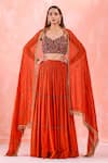 Buy_Mirroir_Brown American Crepe Embroidery Sequin And Beads V Neck Tiered Lehenga Set _at_Aza_Fashions