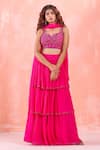 Buy_Mirroir_Pink Silk Organza Embroidery Sequin And Beads Sweetheart Neck Tiered Lehenga Set _at_Aza_Fashions