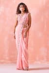 Buy_Mirroir_Peach Viscose Georgette, American Crepe, Lining Pre-draped Saree With Blouse _at_Aza_Fashions