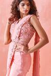 Mirroir_Peach Viscose Georgette, American Crepe, Lining Pre-draped Saree With Blouse _Online_at_Aza_Fashions