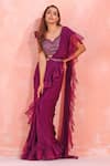 Buy_Mirroir_Purple American Crepe Embroidery Pre-draped Ruffle Saree With Blouse  _at_Aza_Fashions