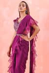 Mirroir_Purple American Crepe Embroidery Pre-draped Ruffle Saree With Blouse  _Online_at_Aza_Fashions