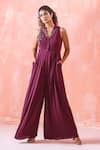 Buy_Mirroir_Purple Royal Georgette Embroidery Sequin And Beads Collared Placement Jumpsuit _at_Aza_Fashions